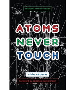 ATOMS NEVER TOUCH book cover. Black with white stripes
